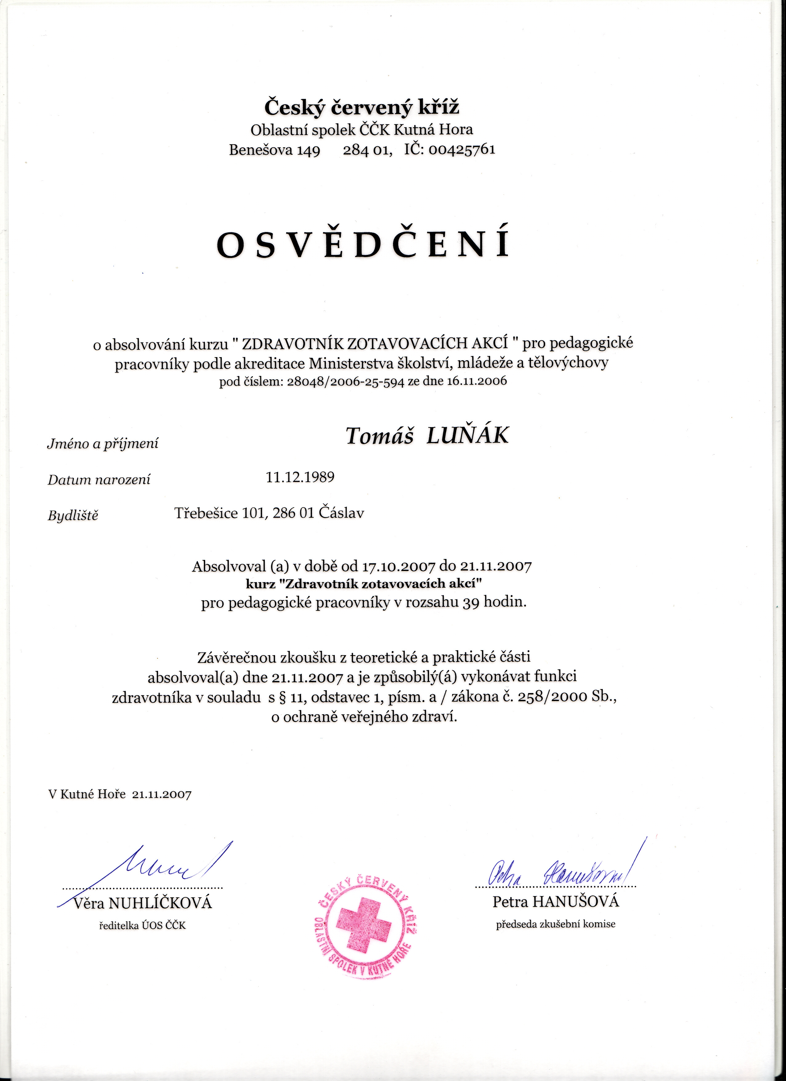První pomoc Tomáš Luňák - Certifikát