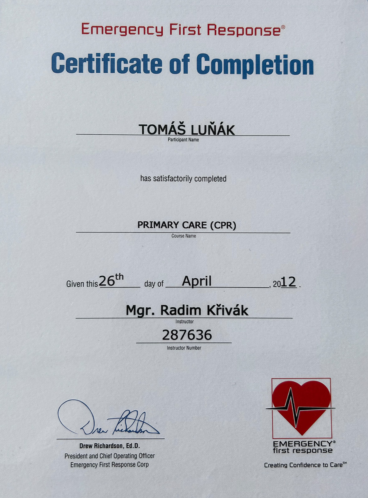 První pomoc Tomáš Luňák - Certifikát