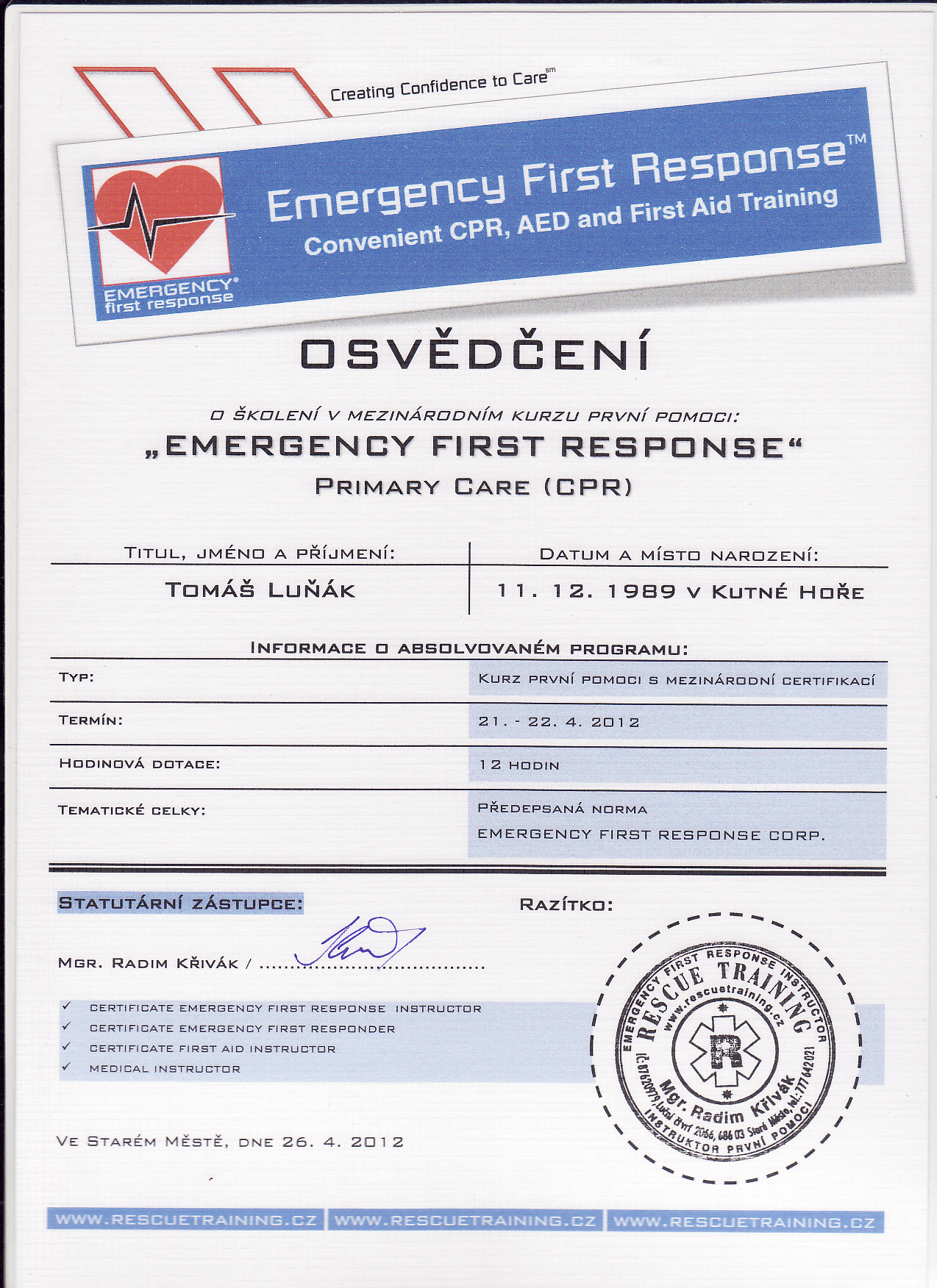 První pomoc Tomáš Luňák - Certifikát