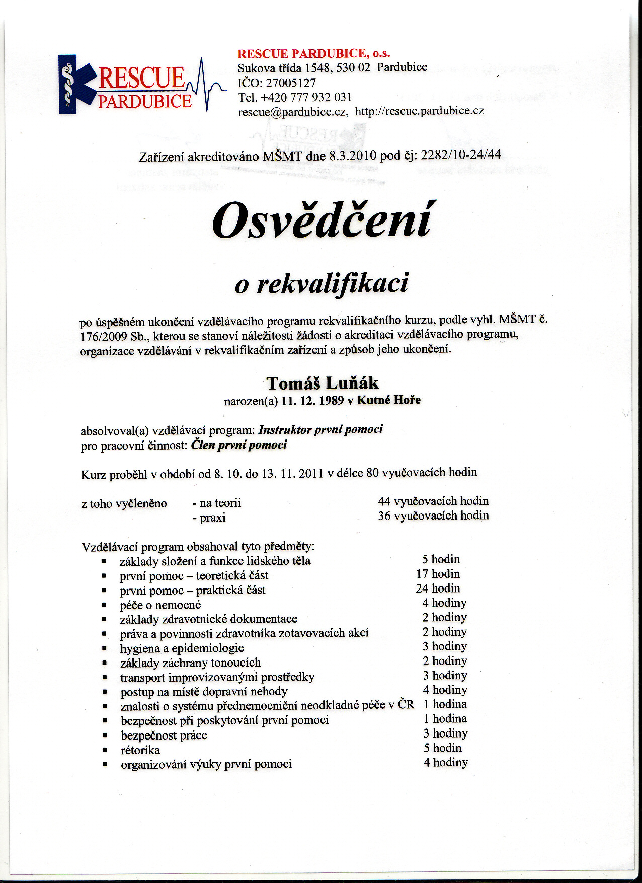První pomoc Tomáš Luňák - Certifikát