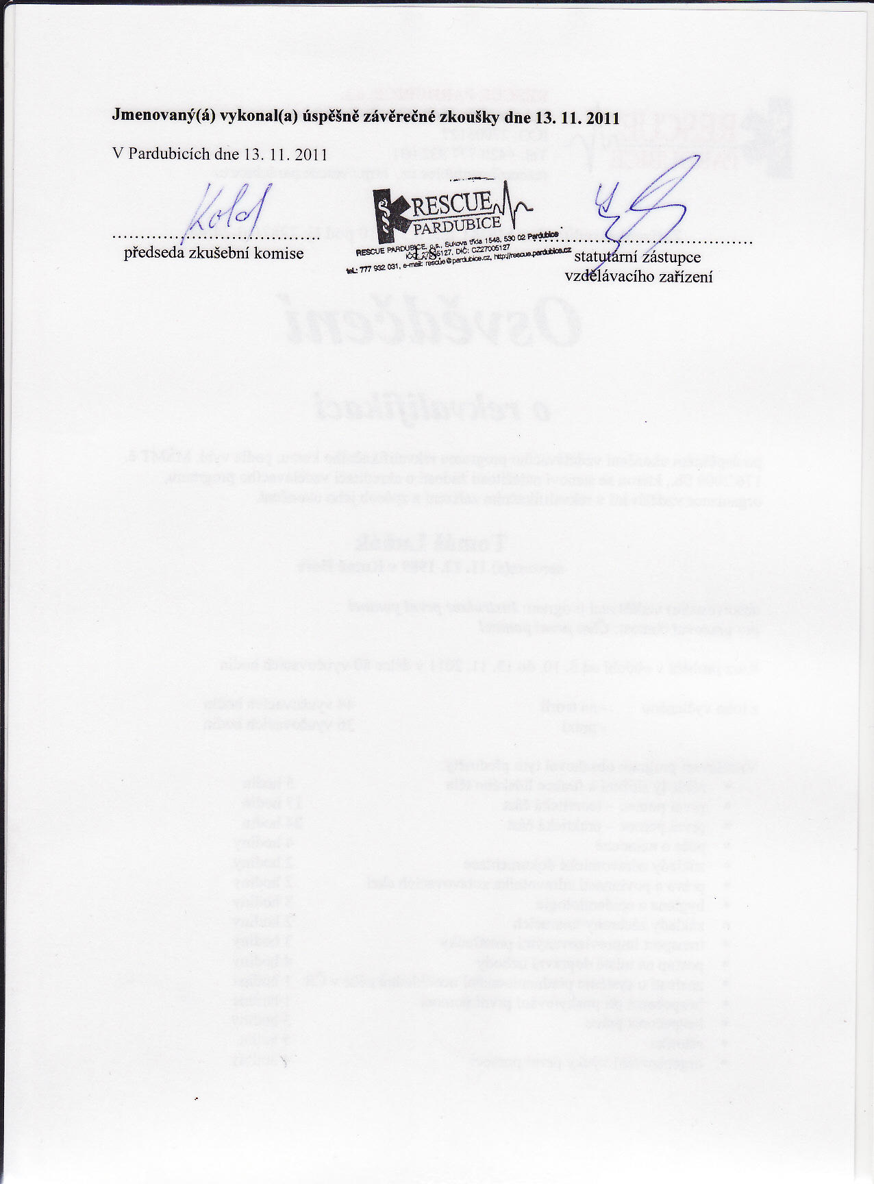 První pomoc Tomáš Luňák - Certifikát