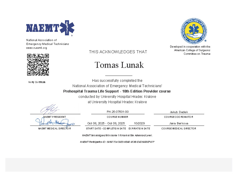 První pomoc Tomáš Luňák - Certifikát