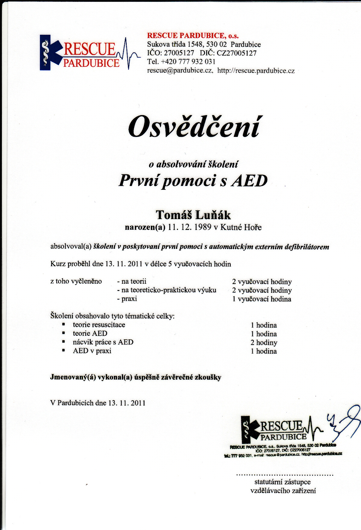 První pomoc Tomáš Luňák - Certifikát